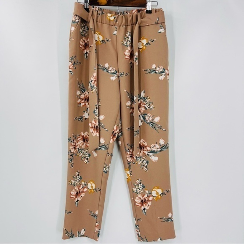 One By Contrarian Beige Floral Belted Skinny Dress Up Career Easter Slacks Sz Sm
